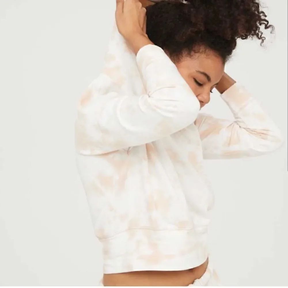 Aerie Offline Tie Dye Fleece Crop Hoodie Light Tan Orange